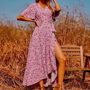 New purple floral wrap dress